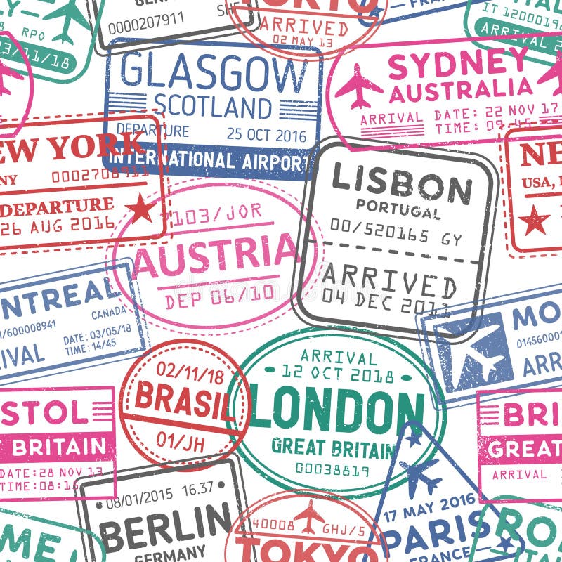 Visumstempels, vector naadloos patroon Oostenrijk, Glasgow, Londen, Brasil, Sydney, kleurrijke postzegels achtergrond Bezocht stock illustratie Visumstempels, vector naadloos patroon Oostenrijk, Glasgow, Londen, Brasil, Sydney, kleurrijke postzegels achtergrond Bezocht stock illustratie