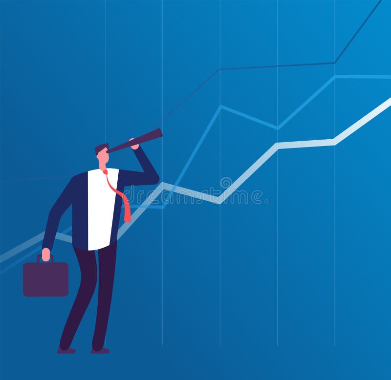 Visão do negócio Homem de negócios com o telescópio que olha ao sucesso futuro Conceito do vetor do plano da liderança e da estra ilustração royalty free Visão do negócio Homem de negócios com o telescópio que olha ao sucesso futuro Conceito do vetor do plano da liderança e da estra ilustração royalty free