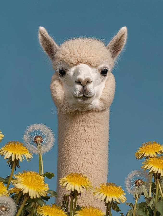 Vit alpaca omgiven av dandelioner på ett fält royaltyfri illustrationer