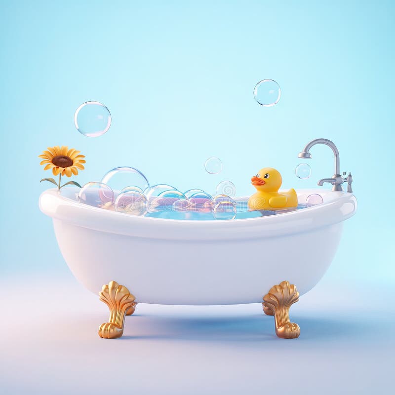 Vit badkar med gummianka soap Bubbles Guld Legs Solros på blå ryggdropp royaltyfri illustrationer