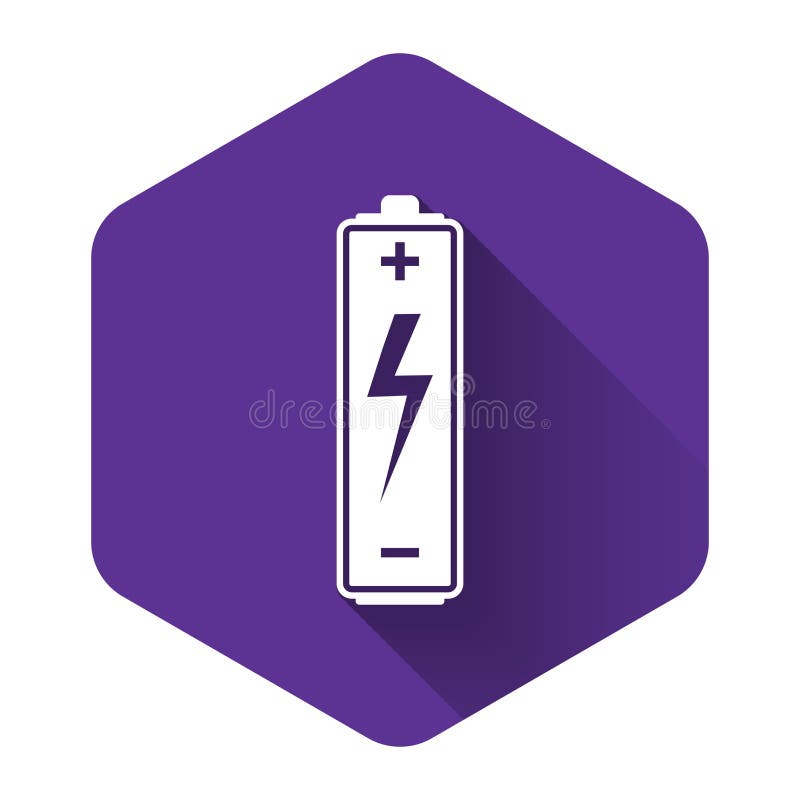 Vit batteriikon isolerad med lång skugga. blixtbolssymbol. lila hexagon-knapp stock illustrationer