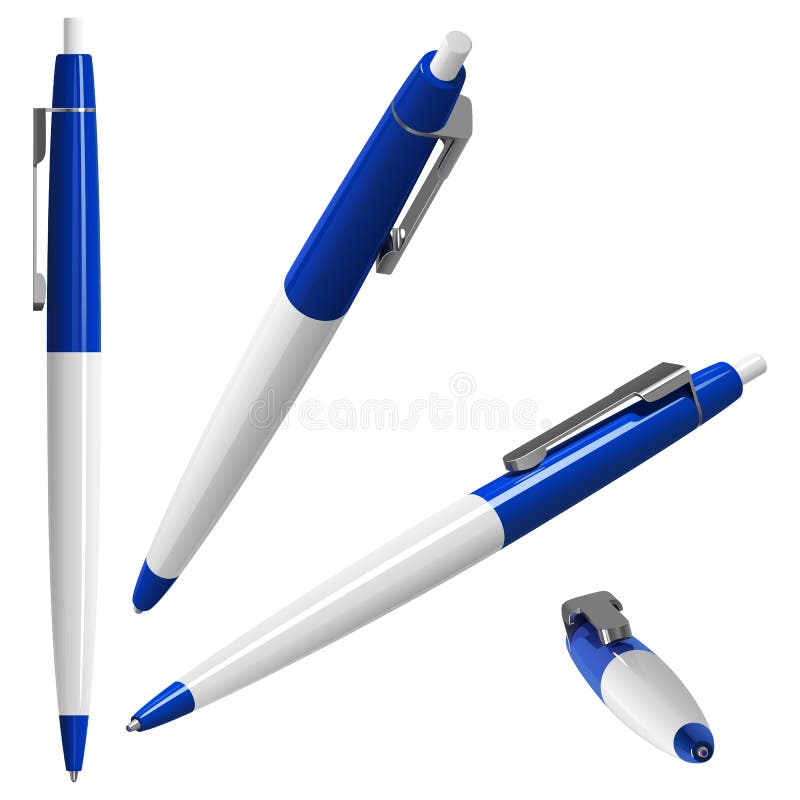 White-blue plastic ballpoint pen with metal clip and button, in different angles, on a white background. White-blue plastic ballpoint pen with metal clip and button, in different angles, on a white background