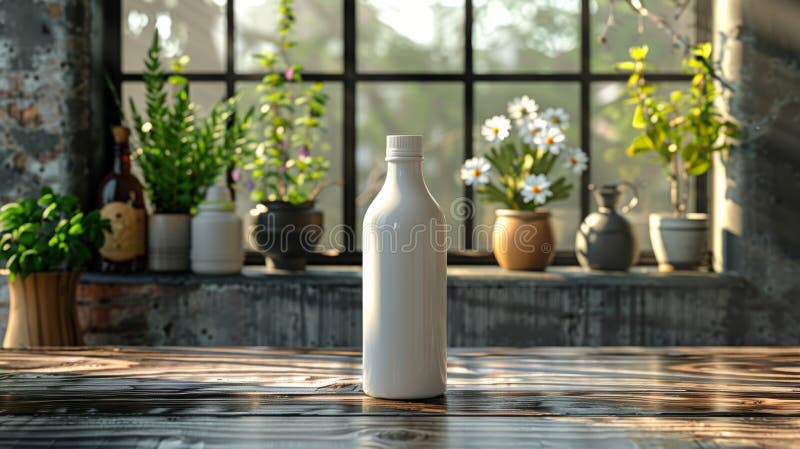 A white bottle is placed on top of a wooden table in a simple and straightforward composition. AI Generative AI generated. A white bottle is placed on top of a wooden table in a simple and straightforward composition. AI Generative AI generated