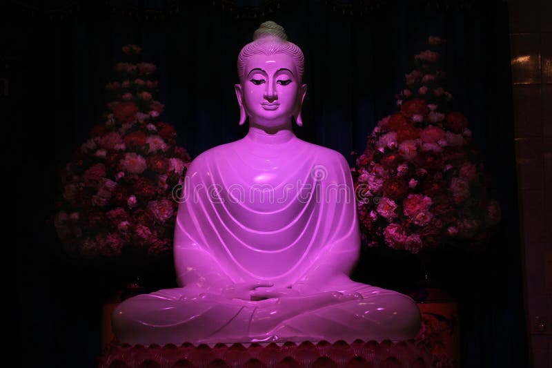 Vit Jade Buddha staty med purpurfärgat ljus arkivbild Vit Jade Buddha staty med purpurfärgat ljus arkivbild