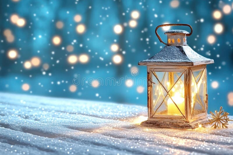 Vit juldekoration med lantern på snöbordet och mousserande snöfall vektor illustrationer