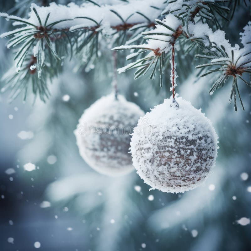 Vit jultomatleksak på pine gren. Snö på tallgrenen och på bollen. solljus. mjukt fokus. suddiga ljus royaltyfri illustrationer