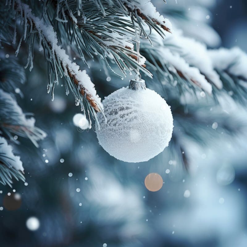 Vit jultomatleksak på pine gren. Snö på tallgrenen och på bollen. solljus. mjukt fokus. suddiga ljus royaltyfri illustrationer