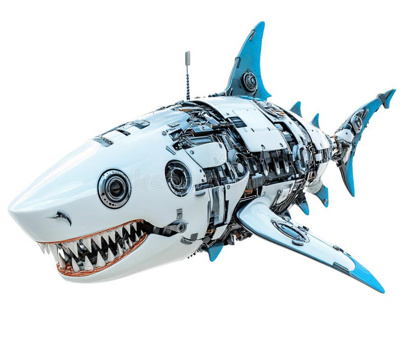 Vit och blå framtidskonstruktion för en mekanisk hajrobot arkivbild