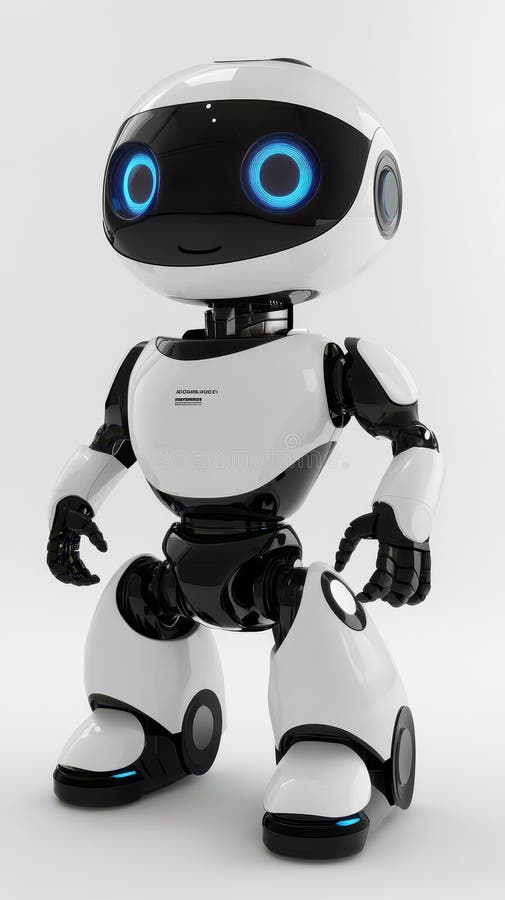 Vit och svart robot med blå ögon och ett leende ansikte royaltyfri illustrationer