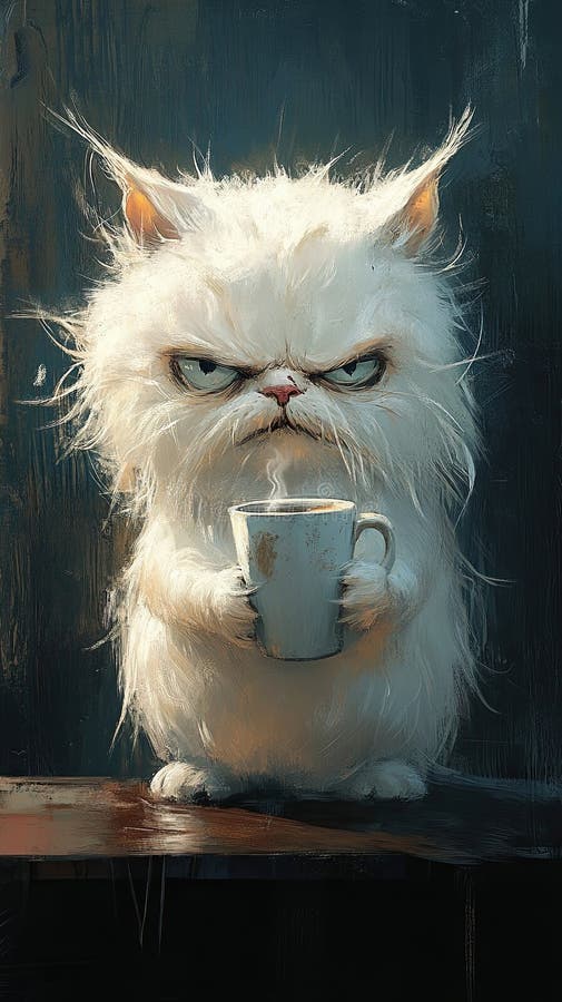 Vit persisk katt med rött päls med giffsigt ansikte som håller kaffekopp vertikalt. Vit persisk katt med rött päls med giffsigt ansikte som innehåller kaffe