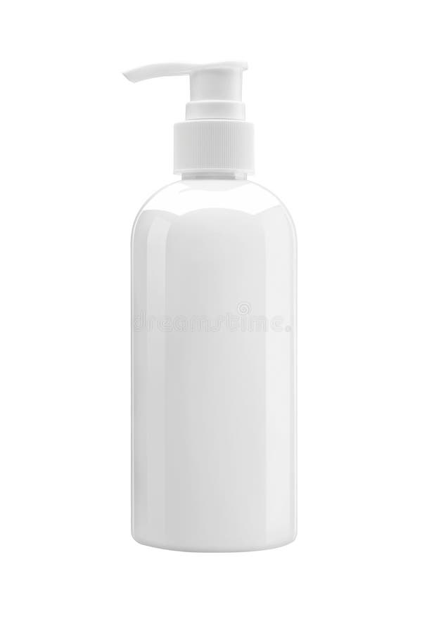 Vit plast- flaska med pumpen som används för vätsketvål, schampo