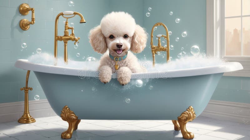 Vit poodle som har ett lyxurt bubbelbad i ett elegant vintagebadkar med gyllene klawfot-ben. Rosa royaltyfri illustrationer