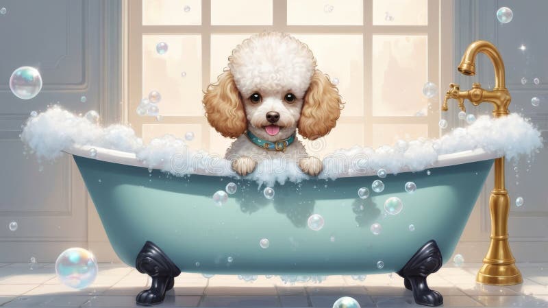 Vit poodle som har ett lyxurt bubbelbad i ett elegant vintagebadkar med gyllene klawfot-ben. Rosa vektor illustrationer