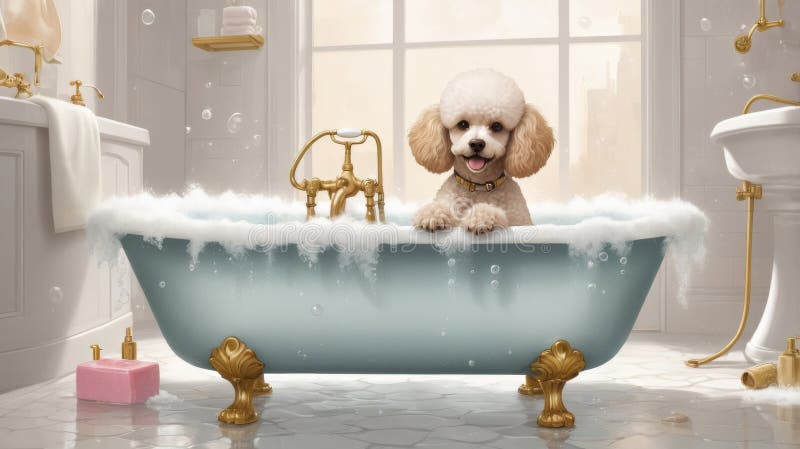 Vit poodle som har ett lyxurt bubbelbad i ett elegant vintagebadkar med gyllene klawfot-ben. Rosa vektor illustrationer