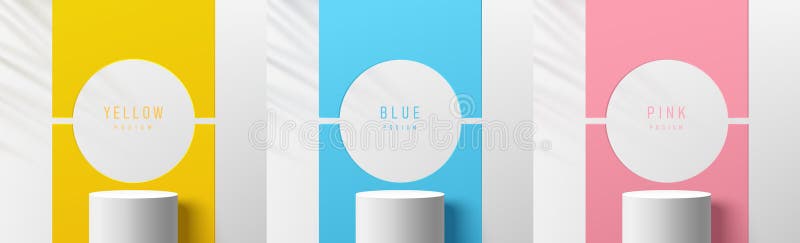 Vit, realistisk 3d-cylinderstativ podium med gult blått och rosa med geometrisk form baksida och skugga. abstrakt vektor illustrationer