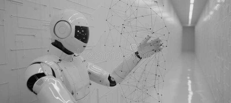 Vit robot i digitalt nätverk med flytande punkter och linjer 3d-återgivningsutrymme för textplacering. vektor illustrationer