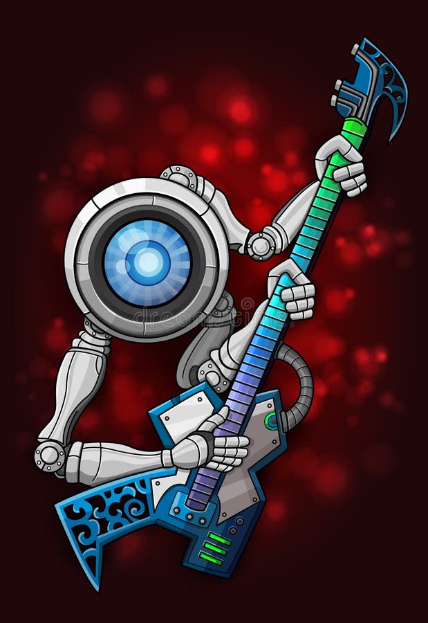 Vit robot med gitarren stock illustrationer