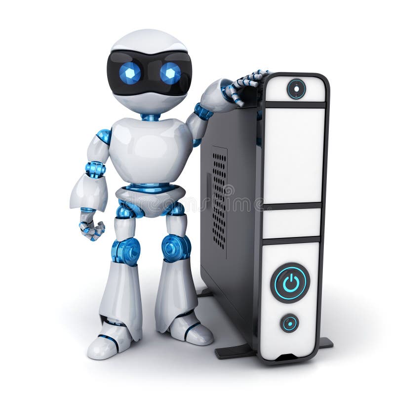 Vit robot och PC royaltyfri illustrationer