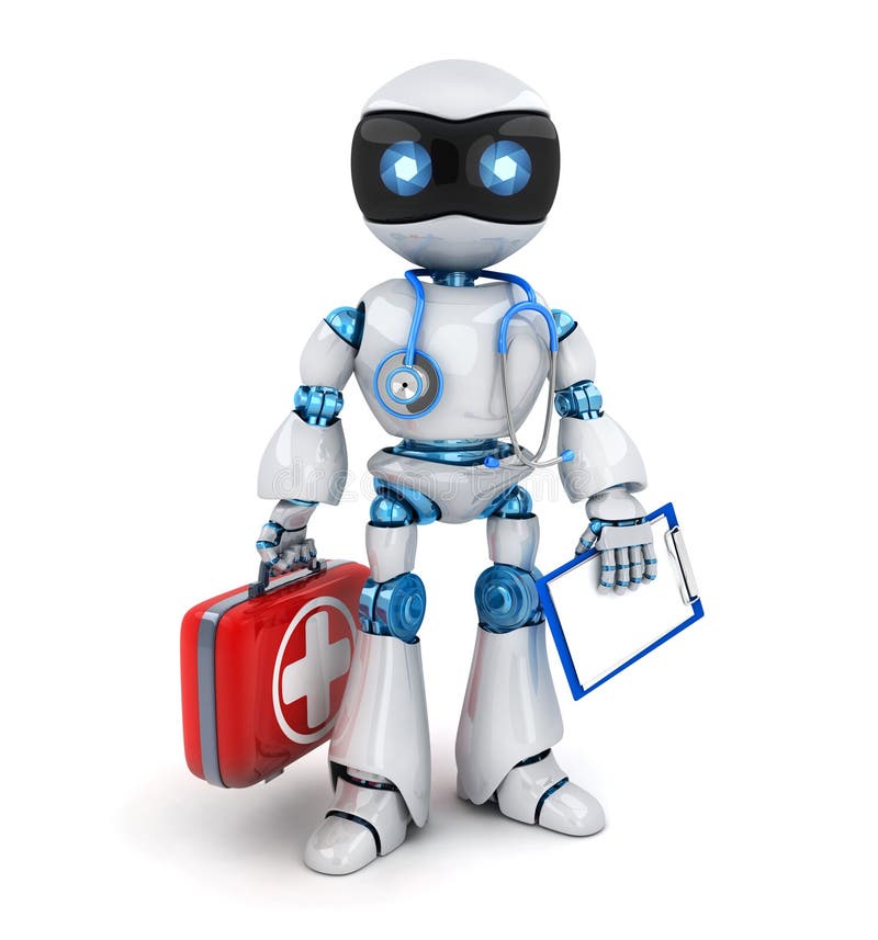 Vit robotdoktor och rött fall, stetoskop vektor illustrationer