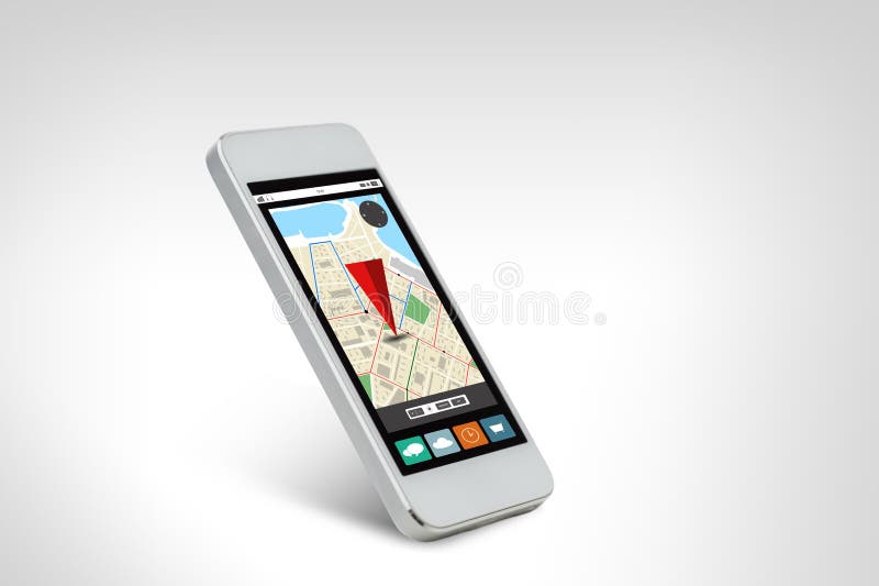 Vit smarthphone med gps-navigatöröversikten på skärmen vektor illustrationer Vit smarthphone med gps-navigatöröversikten på skärmen vektor illustrationer