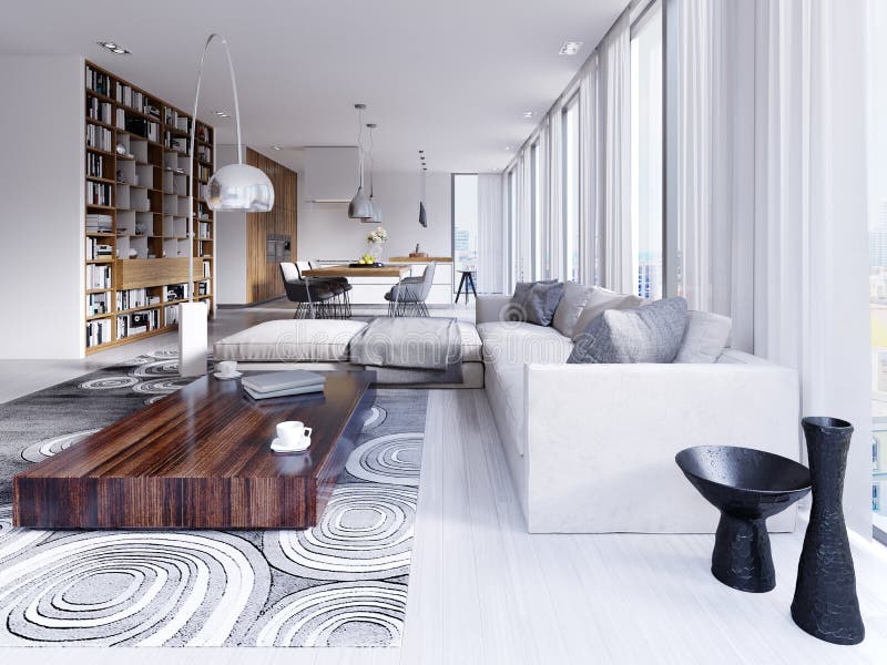 Vita aperta leggera elegante e lussuosa e sala da pranzo con le pareti bianche, i pavimenti di legno luminosi ed i grandi scaffal illustrazione vettoriale Vita aperta leggera elegante e lussuosa e sala da pranzo con le pareti bianche, i pavimenti di legno luminosi ed i grandi scaffal illustrazione vettoriale