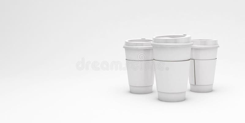 Vita pappkaffekoppar på ljus bakgrund med ett kopieringsutrymme för text, illustration 3d royaltyfri illustrationer Vita pappkaffekoppar på ljus bakgrund med ett kopieringsutrymme för text, illustration 3d royaltyfri illustrationer