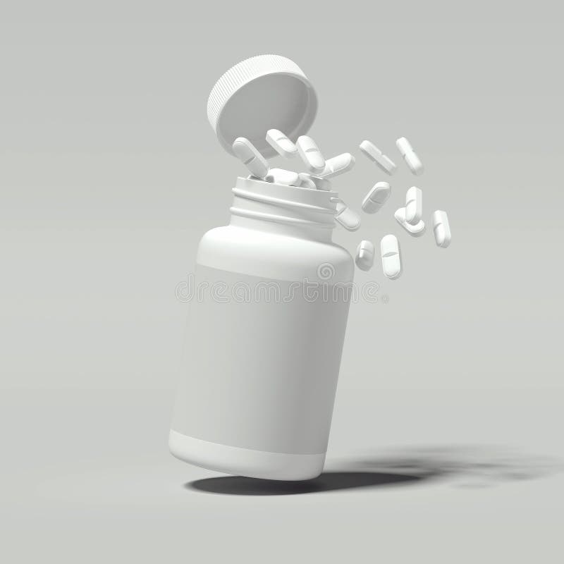 Vita preventivpillerar som spiller ut ur den vita flaskan, tolkning 3d royaltyfri illustrationer Vita preventivpillerar som spiller ut ur den vita flaskan, tolkning 3d royaltyfri illustrationer