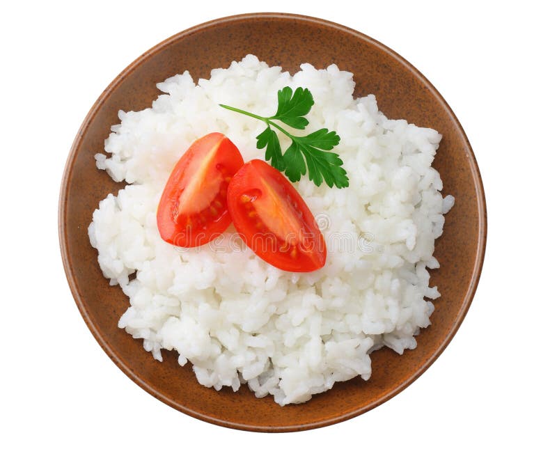 Vita ris med tomaten i den bruna bunken som isoleras på vit bakgrund Top beskådar royaltyfri fotografi Vita ris med tomaten i den bruna bunken som isoleras på vit bakgrund Top beskådar royaltyfri fotografi