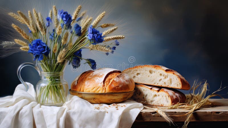 Vita in rustico fiori blu e grano in vaso di argilla con pane fatto in casa sul tavolo rurale royalty illustrazione gratis