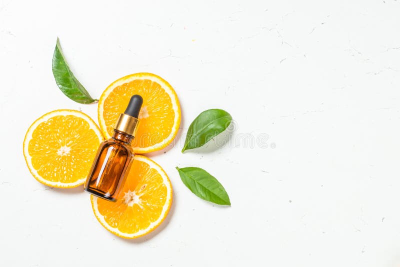 Vitamin C. Cosmetic products and fresh citrus fruits.