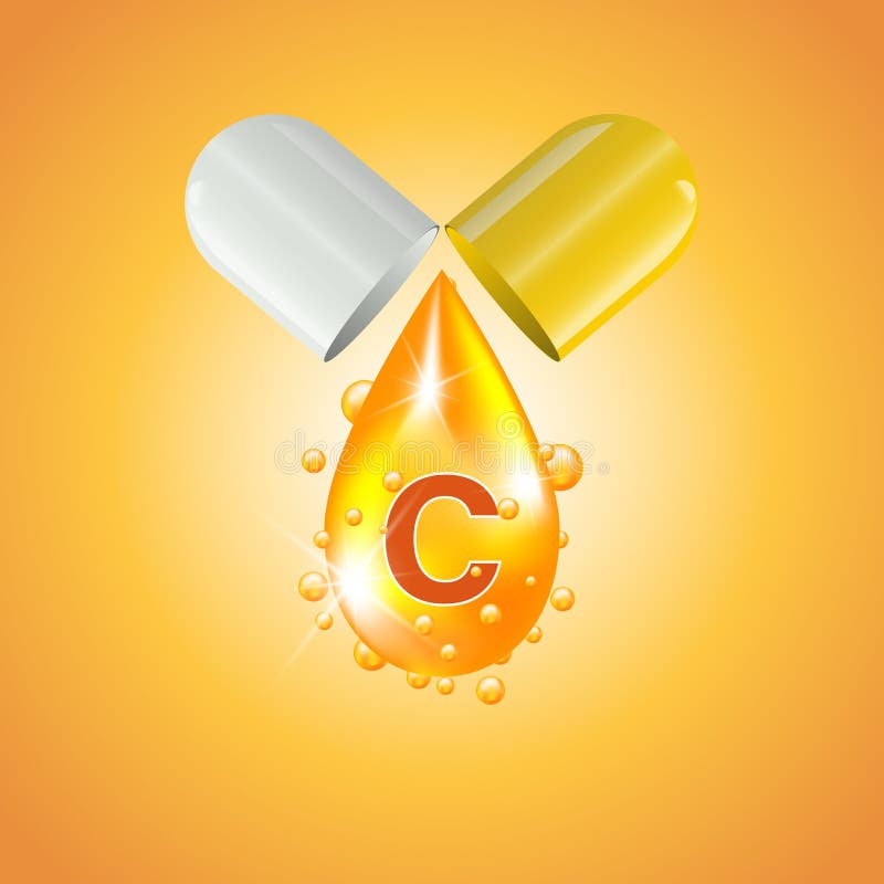 Vitamin C in Orange Capsules. 3D Realistic on Yellow Background. Vector
