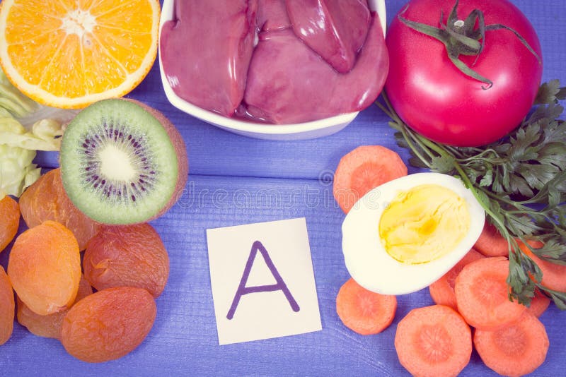 Vitamina A que contiene de la consumición nutritiva, nutrición sana como minerales de la fuente y fibra