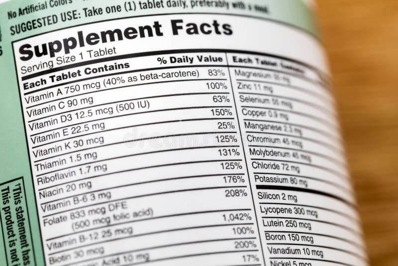 Vitaminas da etiqueta da garrafa da lista da vitamina dos fatos do suplemento imagem de stock Vitaminas da etiqueta da garrafa da lista da vitamina dos fatos do suplemento imagem de stock