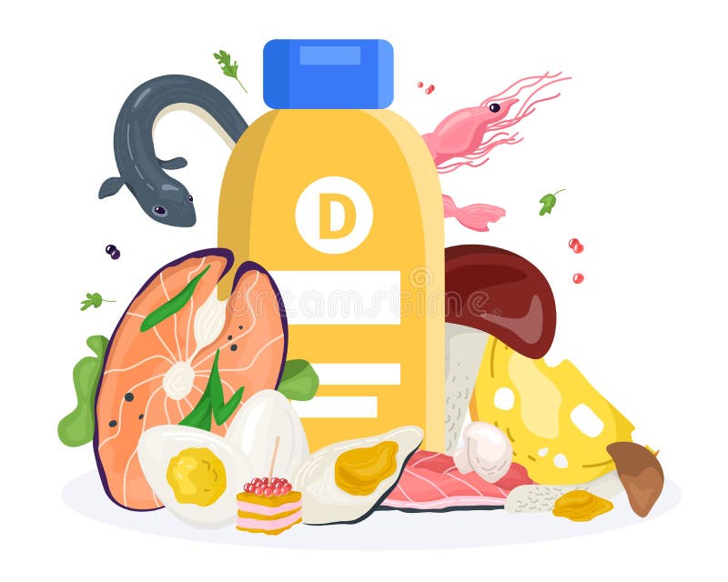 Vitamine d dans les produits concept vecteur illustration. nutrition avec des aliments biologiques sains élément frais pour l'alim