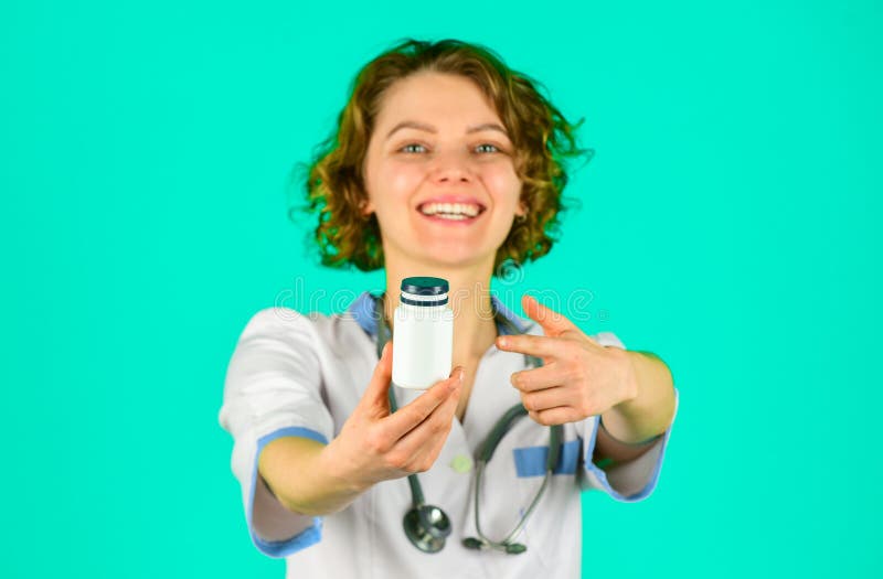 Vitamins for happy life. Woman hold plastic bottle container drugs. Take vitamins. Doctor prescribing medicines stock images