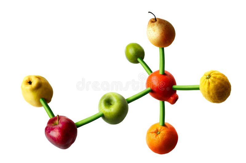 Connected fruits in the shape of molecular structure. Concept for vitamins diet. Connected fruits in the shape of molecular structure. Concept for vitamins diet.