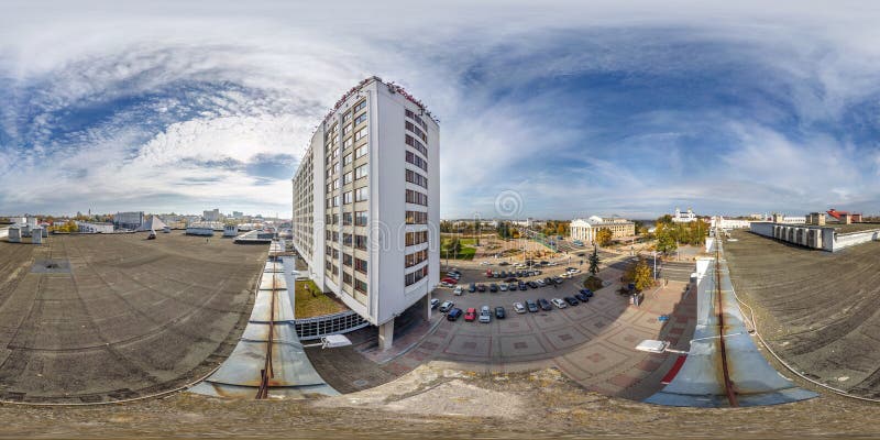 VITEBSK, BELARUS - AUGUST, 2018: full seamless spherical hdri panorama 360 degrees angle view on roof of building overlooking old town and bridge and river in equirectangular projection. vr ar content