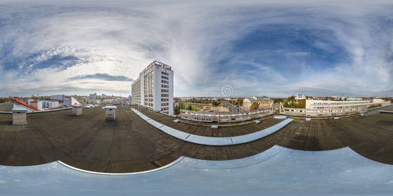 VITEBSK, BELARUS - AUGUST, 2018: full seamless spherical hdri panorama 360 degrees angle view on roof of building overlooking old town and bridge and river in equirectangular projection. vr ar content