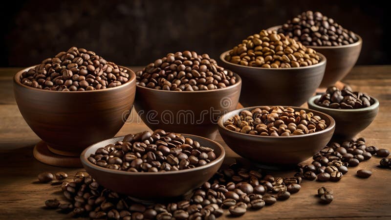 Viti diversi di fagioli di caffè in ciotole di legno illustrazione di stock