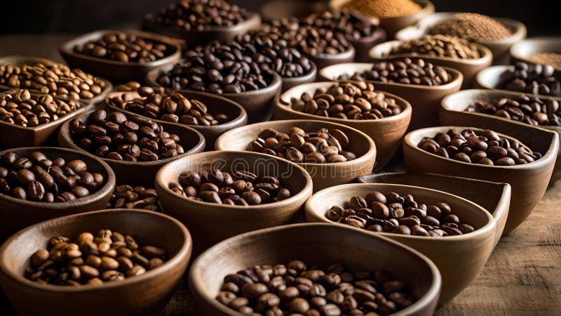 Viti diversi di fagioli di caffè in ciotole di legno illustrazione vettoriale