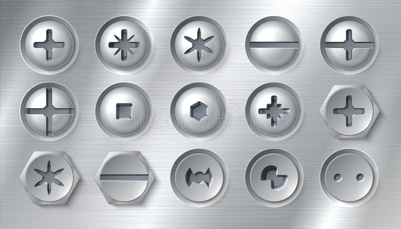 Viti realistici Chiodi e chiusure realistici fissati su fondo metallico Viti di argento rotondo inossidabile illustrazione di stock Viti realistici Chiodi e chiusure realistici fissati su fondo metallico Viti di argento rotondo inossidabile illustrazione di stock