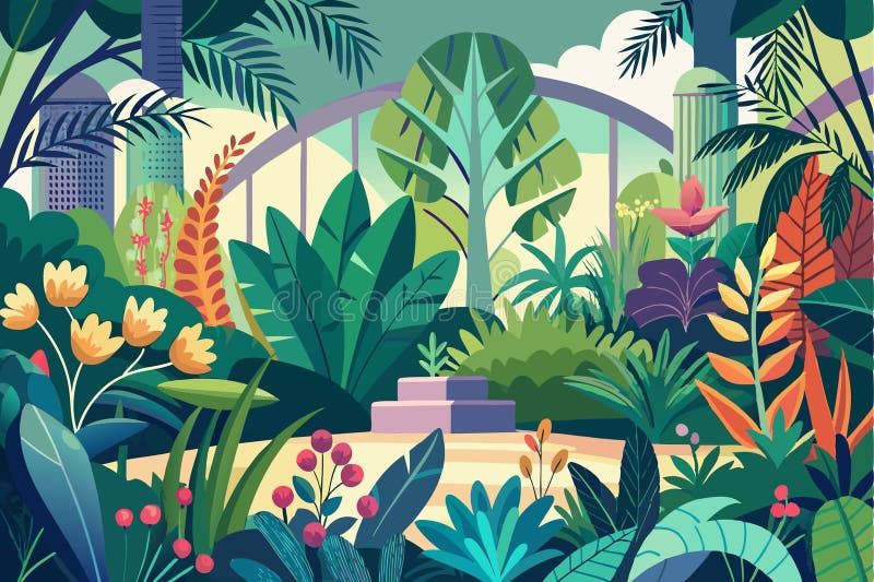 Vitrine Botanischer Garten Illustration mit üppigen Foliage und architektonischen Elementen. stock abbildung