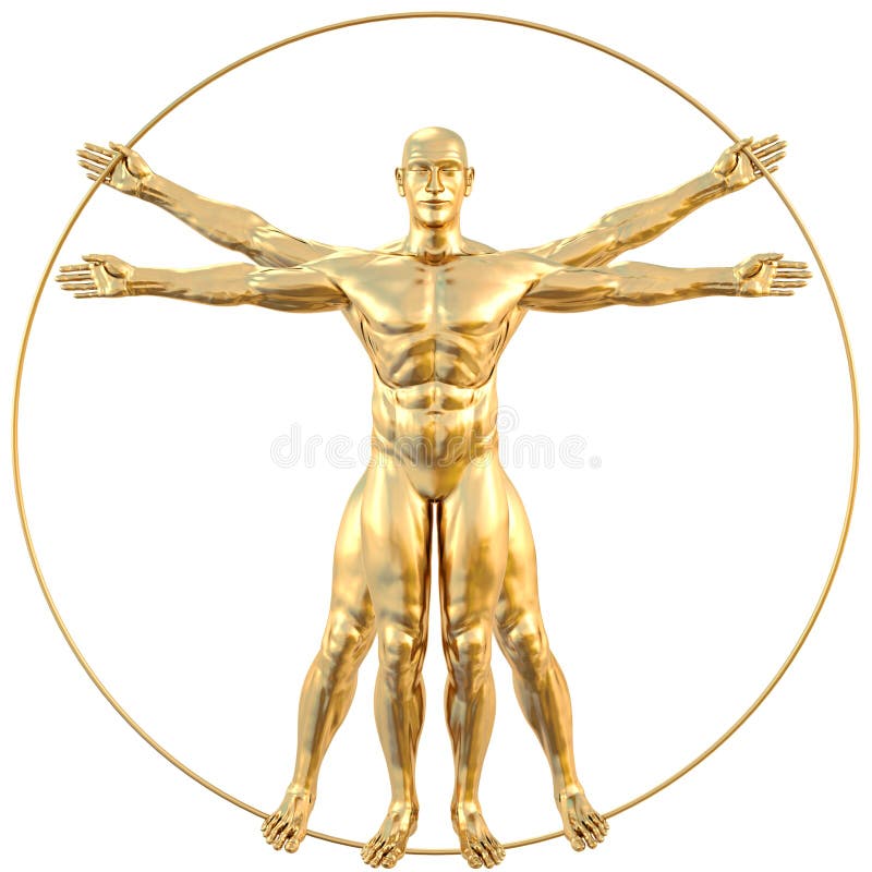 Vitruvian man from gold. isolated on white.