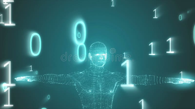 Vitruvian man graphic with binary code animation vector illustration