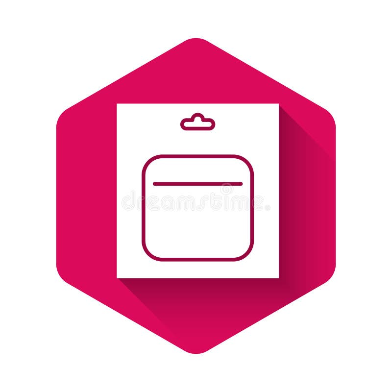 Vitt batteri i förpackningsikon isolerat med lång skugga. blixtbolssymbol. knapp för rosa hexagon. vektorillustration royaltyfri illustrationer