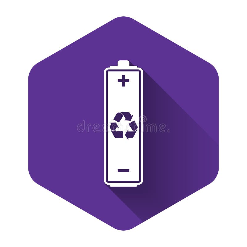 Vitt batteri med symbolen för återvinning isolerad med lång skugga. batteri med återvinningssymbol förnybar energi royaltyfri illustrationer