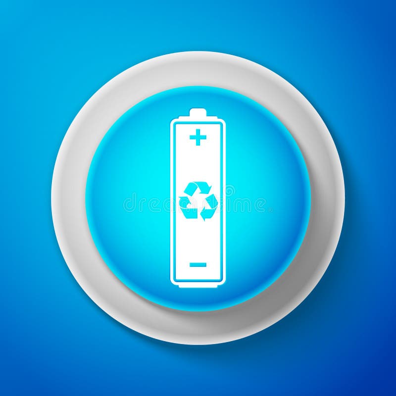 Vitt batteri med återvinningssymbol som är isolerat på blå bakgrund. cirkelblå knapp med vit linje. vektor vektor illustrationer