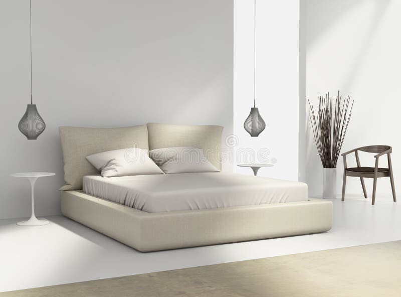 Vitt och beige sovrum med stol och lampor stock illustrationer ...