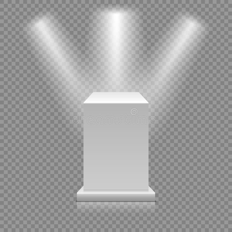 Vitt tomt podium på genomskinlig bakgrund Museumsockel med strålkastare vektor för illustration 3d royaltyfri illustrationer Vitt tomt podium på genomskinlig bakgrund Museumsockel med strålkastare vektor för illustration 3d royaltyfri illustrationer