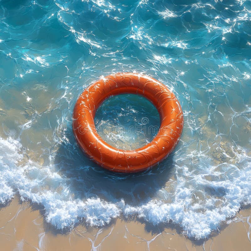 Viva en una playa de arena, con olas turquesa, en un paraje de color naranja intenso. Una animada salvavidas naranja flota cerca de la orilla de una playa de arena rodeada de olas turquesa que simbolizan la seguridad y la relajación en un entorno costero. generado por IA